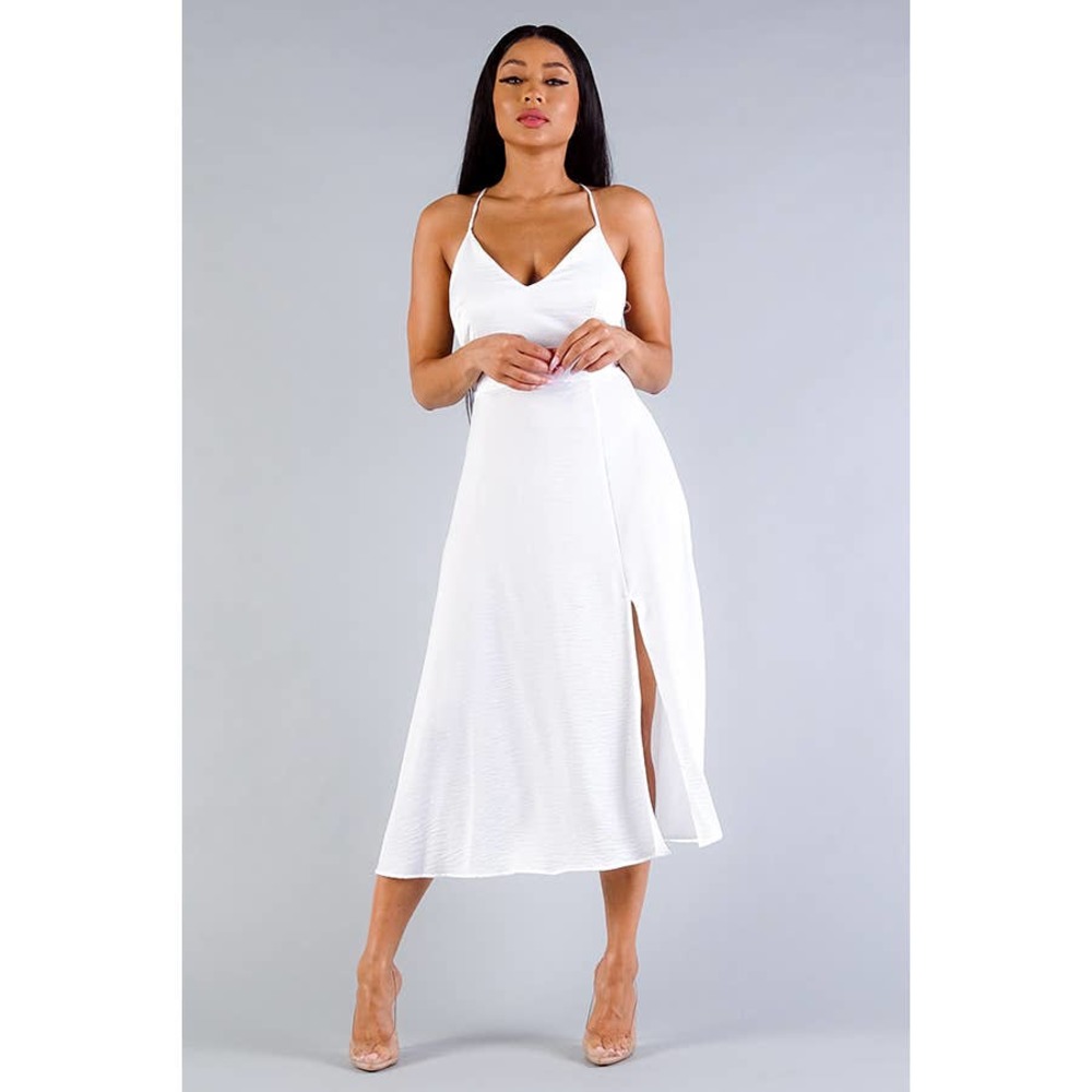 Cross Back Flared Slit Midi Dress Satin White